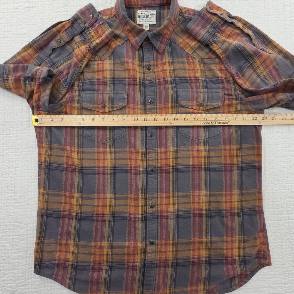 Lucky Brand Shirt Men's L Orange Gray Grey Plaid Saturday Stretch Snap Buttons - Picture 11 of 16
